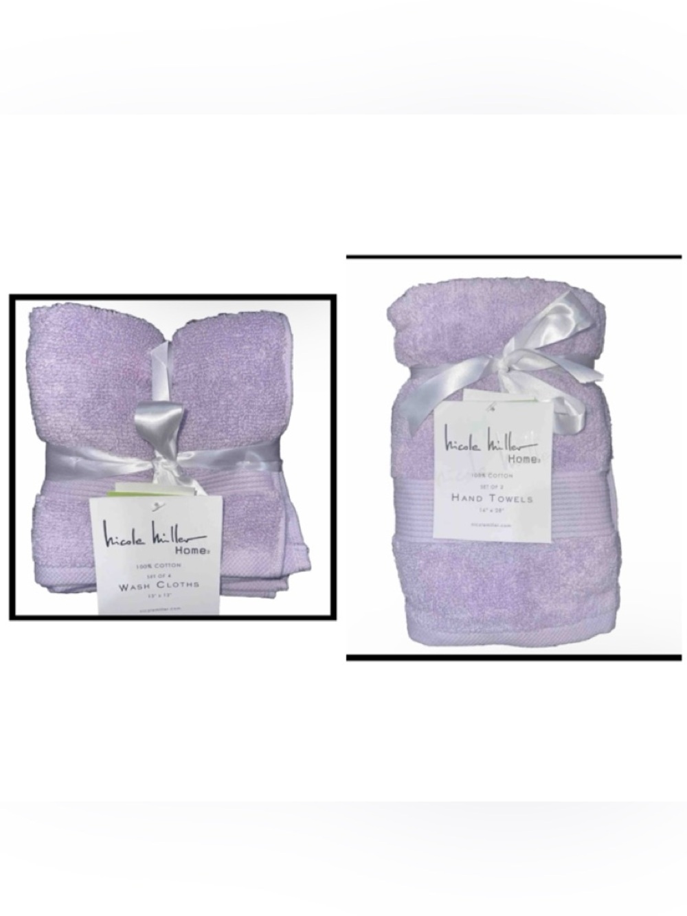 Nicole Miller 6 Pc Towel Set:2 Hand Towels 4 Washcloths Zero Twist Cotton Lilac